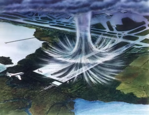 An illustration of how the winds of a downburst fan out in open space. In a city with tall buildings, the wind can deflect off buildings, causing damage in unexpected ways. (NASA/Wikimedia Commons)