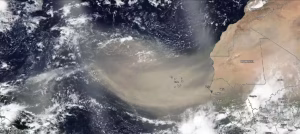Dust blowing in from the Sahara Desert can tamp down hurricane activities by shading the ocean over the main development region for hurricanes and drying out the atmosphere, just off the African coast. This plume spread over 2,000 miles in June 2020. (NASA)