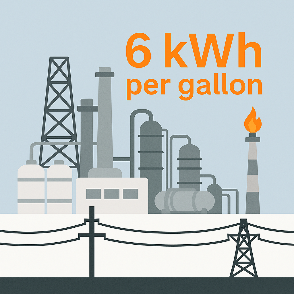 Refining one gallon of gasoline requires roughly 6 kWh of energy on average, according to a 2016 report from the U.S. Department of Energy's Argonne National Laboratory, (Graphic by Jim Brock through ChatGPT)