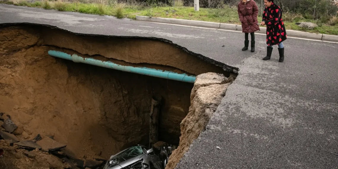 Two passersby peer into a sinkhole that swallowed a section of road in Chatsville, California, during torrential rain on Jan. 10, 2023. (Jason Armond/Los Angeles Times, Getty Images via Grist)