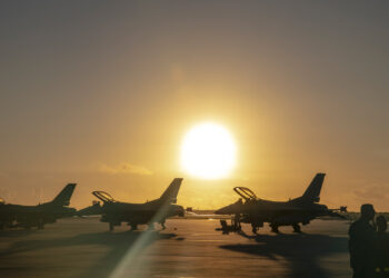 U.S. Air Force F-16 Fighting Falcons sit on the flightline before morning training flights at Naval Air Station Key West in 2022. (Air National Guard photo by Staff Sgt. Kregg York via Defense Visual Information Distribution Service)