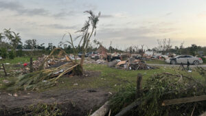 The remnants of a mobile home in Wellington destroyed by a tornado that swept the area before Hurricane Milton made landfall in 2024 (National Weather Service Miami, Public domain, via Wikimedia Commons)