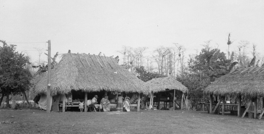 Chickees at Big Cypress Reservation in Florida in 1956 (State Library and Archives of Florida, Public domain, via Wikimedia Commons)