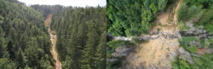 A March 2024 landslide in the Oregon Coast Range wiped out trees in its path (left). A drone image of the same March 2024 landslide in the Oregon Coast Range shows where it temporarily dammed the river below (right) (Brian Yanites, June 2025)