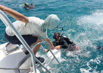 Zachary Foltz, right, hands a bucket of rocks from a ledge four miles off Fort Pierce to Jay Houk of the Smithsonian Marine Station. After rinsing the rocks to dislodge invertebrates, the scientists return them to the water. (Natalie van Hoose photo)