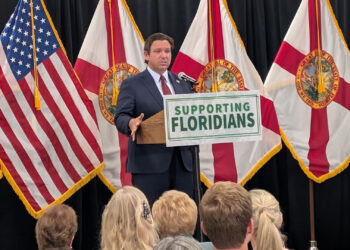Florida Gov. Ron DeSantis speaks at the USF Health Morsani Center for Advanced Healthcare in Tampa on Wednesday. (Photo by Mitch Perry/Florida Phoenix)