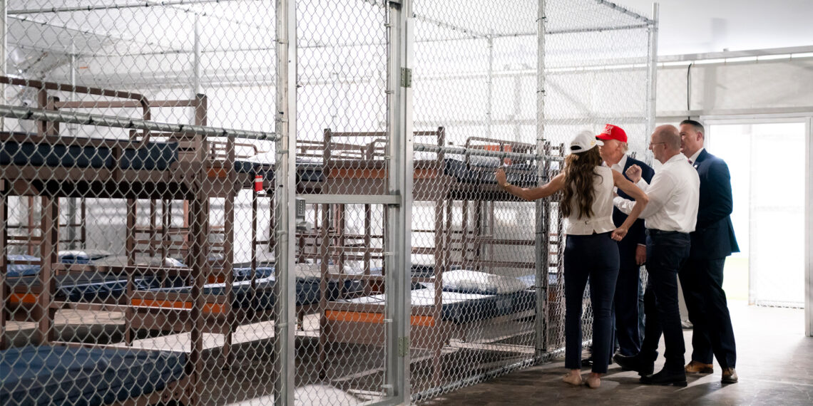 President Donald Trump and other officials tour Alligator Alcatraz on July 1. (DHSgov, Public domain, via Wikimedia Commons)