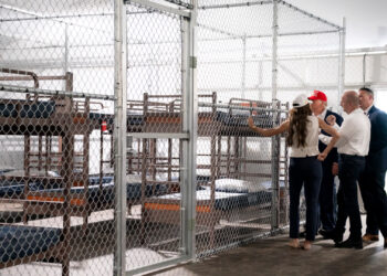 President Donald Trump and other officials tour Alligator Alcatraz on July 1. (DHSgov, Public domain, via Wikimedia Commons)