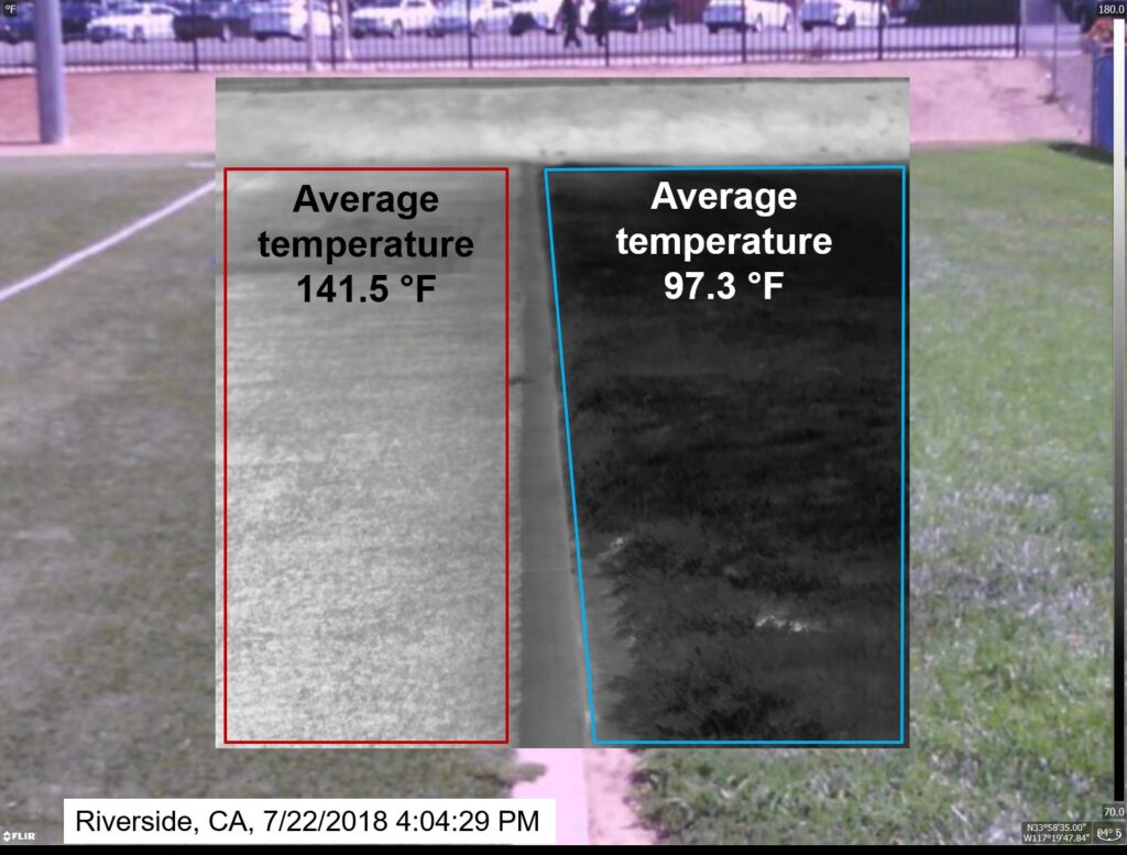 Side-by-side view shows the heat! Natural turf benches and the artificial soccer field light up in thermal style. The image reveals the contrast in temperatures on surfaces in California between natural turf under benches and the artificial soccer field turf. (Image courtesy of Marco Schiavon)