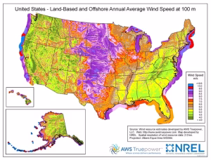 States throughout the Great Plains and Midwest, from Texas to Montana to Ohio, have the strongest onshore winds and onshore wind power potential. These are also in the heart of U.S. farm country. The map shows wind speeds at 100 meters (nearly 330 feet), about the height of a typical land-based wind turbine. (NREL)