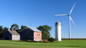 A wind turbine on an Iowa farm (Don Graham, CC BY-SA 2.0, via Wikimedia Commons)
