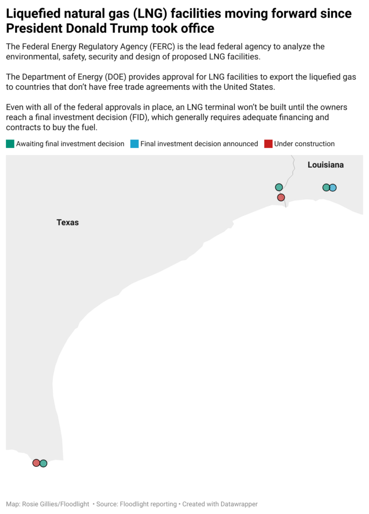 Liquefied natural gas (LNG) facilities moving forward since President Donald Trump took office (Map: Rosie Gillies/Floodlight; Source: Floodlight reporting)