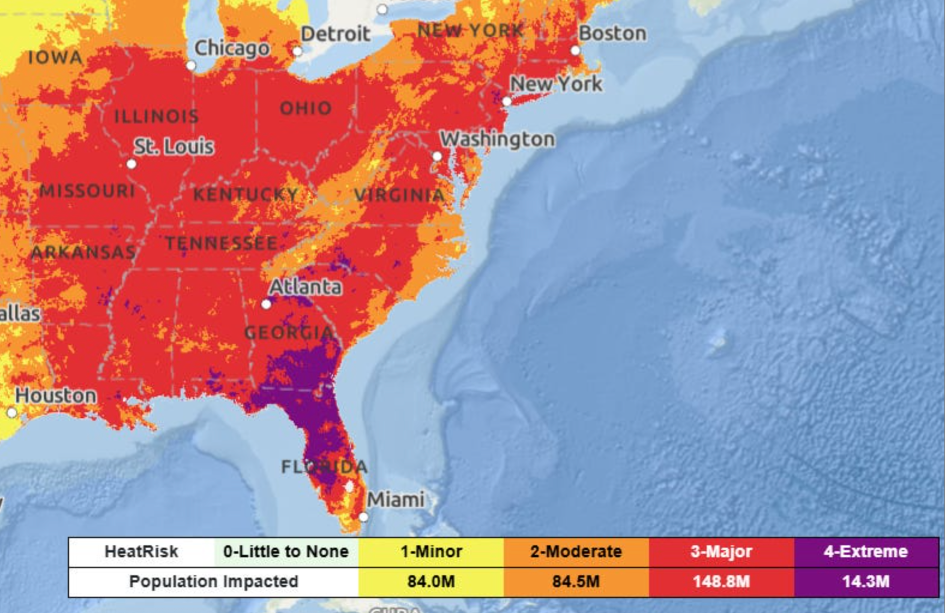 A recent map showing the National Weather Service HeatRisk forecast for the eastern U.S.. (National Weather Service/NOAA)