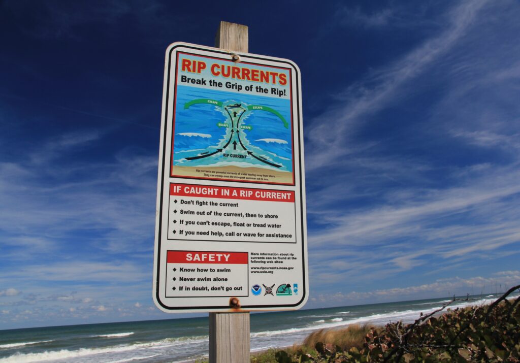 A rip current warning sign along the Cape Canaveral Seashore (iStock image)