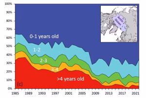 Age of sea ice percentage within the Arctic Ocean for the week of March 11-18, 1985-2022. (NOAA)