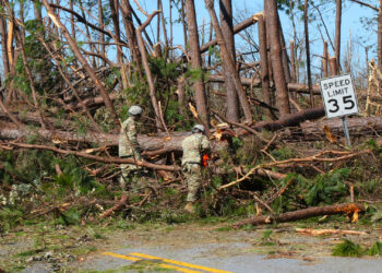 Soldiers of the 753rd Brigade Engineer Battalion clear roadways in 2018 for residents to pass through after Hurricane Michael left many impassable in Panama City. (Pfc. Arcadia Jackson/National Guard, Public domain, via Wikimedia Commons)