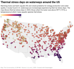 Thermal stress days on waterways around the US (Map: The Conversation, CC-BY-ND; Source: Li LI, et al., 2025)