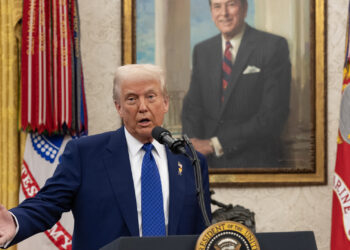 President Donald Trump speaks in front of a portrait of President Ronald Reagan in the Oval Office on Feb. 12. (The White House, Public domain, via Wikimedia Commons)