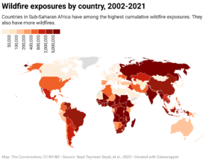 Wildfire exposures by country, 2002-2021 (Map: The Conversation, CC-BY-ND; Source: Seyd Teymoor Seydi, et al., 2025)