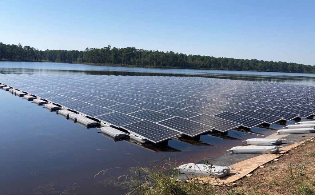 Fort Bragg and Duke Energy installed a floating solar array on Big Muddy Lake in 2022 to provide supplemental and backup power. The project reflected the military’s push to boost readiness through renewable energy. Now, however, Pentagon leaders are retreating from climate change plans. (U.S. Army)