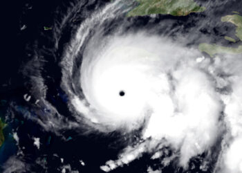 Hurricane Melissa intensifying as a Category 5 hurricane on Oct. 27, 2025. (ABI imagery from NOAA'S GOES-19 Satellite, Public domain, via Wikimedia Commons)