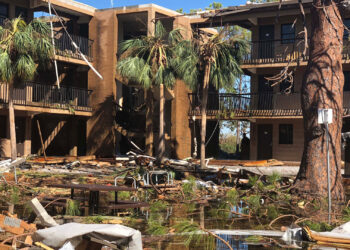 Hurricane Michael brought flooding and extensive damage to Tyndall Air Force base in Florida in 2018. Tyndall is just one of many coastal military bases that have been hammered by storms fueled by rising ocean temperatures. (Army Staff Sgt. Alex Henninger / U.S. Department of Defense)