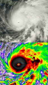 True-color and longwave infrared imagery of Hurricane Melissa at its landfall (GOES-East Mesoscale floater, Public domain, via Wikimedia Commons)
