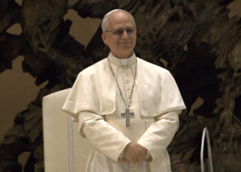 Pope Leo XIV during an audience with the media in May (Edgar Beltrán/The Pillar, CC BY-SA 4.0, via Wikimedia Commons)