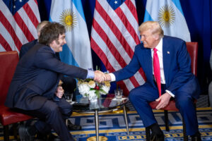 President Donald Trump meets with Argentina’s President Javier Milei on Feb. 22, 2025. (The White House, Public domain, via Wikimedia Commons)