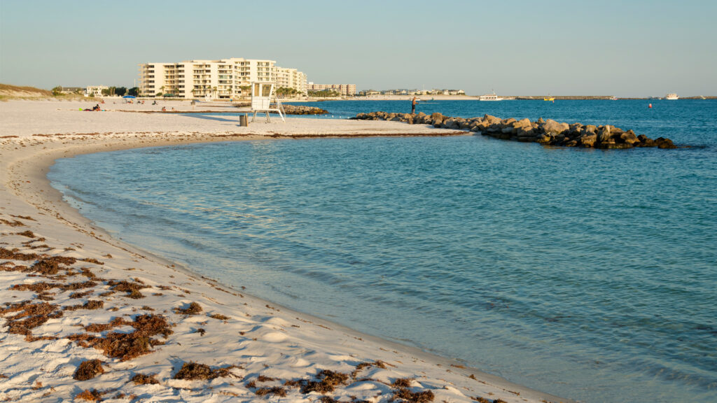 Views of hotels and apartment buildings from Norriego Point Beach in Destin (iStock image)