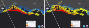 Detailed storm surge models can provide more specific information about expected flood height. These two modeled examples show the difference in expected flooding from a fast-moving storm, left, and a slow-moving storm, right. Slower-moving storms tend to have higher and broader storm surge inland, including into bays and estuaries. (NOAA)