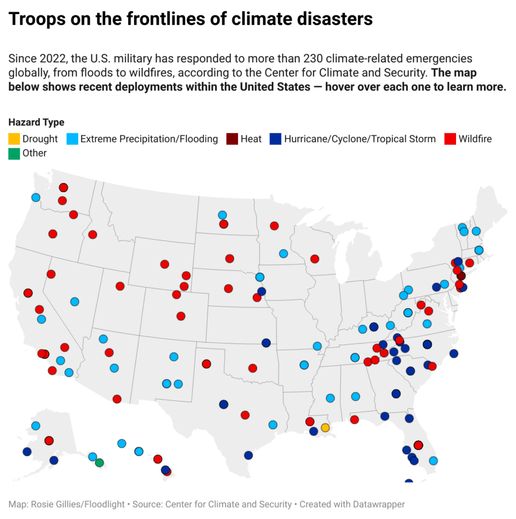 Troops on the frontlines of climate disasters (Map: Rosie Gillies/Floodlight; Source: Center for Climate and Security)