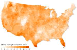 30-year change in drought risk: Increase in severe drought weeks from current conditions to 2055 (Clayton Aldern/Grist, Source: First Street Foundation)