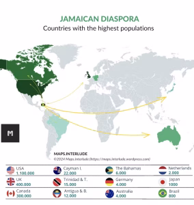 Where Jamaicans lived outside their homeland in the early 2020s. (Maps Interlude/Wikimedia Commons, CC BY)