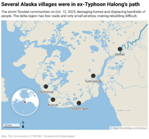 Several Alaska villages were in ex-Typhoon Halong's path (Map: The Conversation, CC-BY-ND)