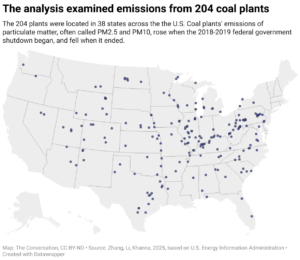 The analysis examined emissions from 204 coal plants (Map: The Conversation, CC-BY-ND)