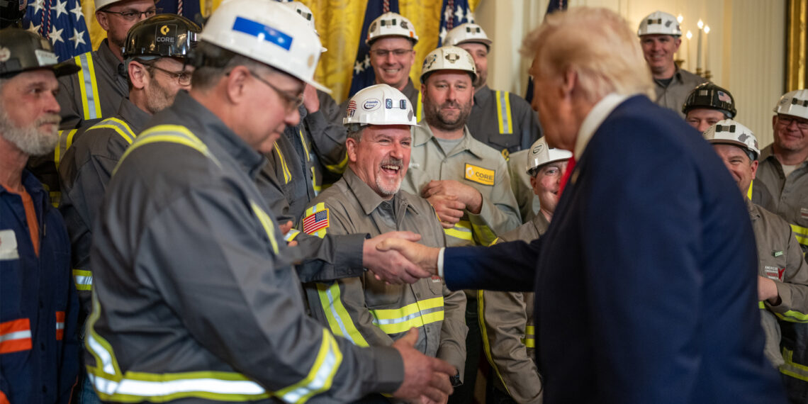 President Donald Trump signs executive actions to support the coal industry on April 8, 2025, in the East Room of the White House (The White House, Public domain, via Wikimedia Commons)