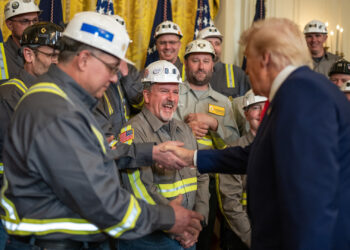 President Donald Trump signs executive actions to support the coal industry on April 8, 2025, in the East Room of the White House (The White House, Public domain, via Wikimedia Commons)