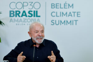 Brazilian President Luiz Inácio Lula da Silva speaks during a press conference with foreign journalists before the COP30 climate change summit in Belém, Brazil. (Lula Oficial, CC BY-SA 4.0, via Wikimedia Commons)