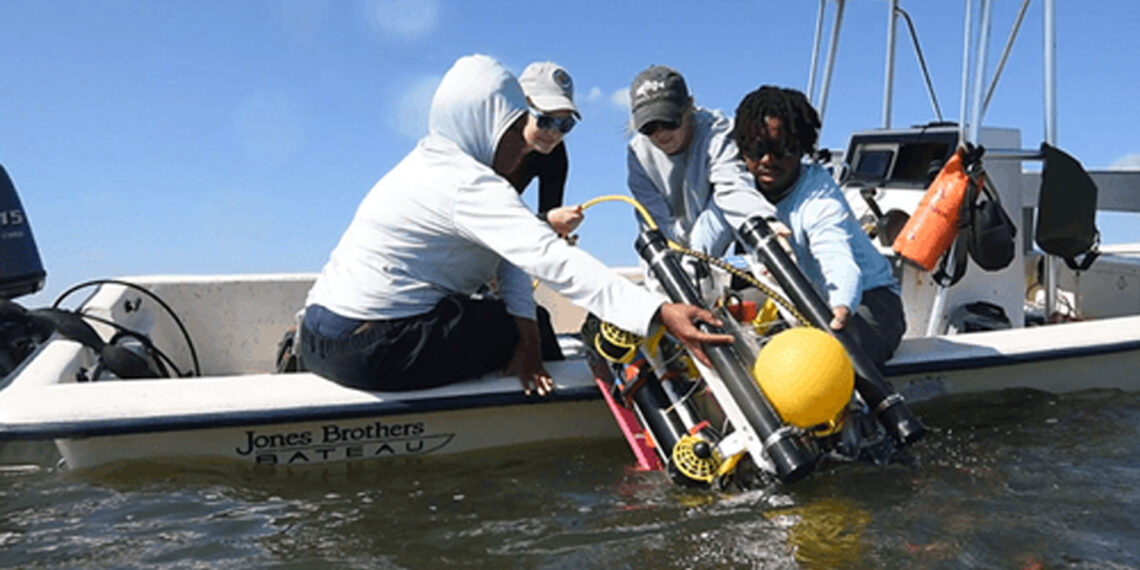 A Reefgen robot being deployed by boat near Morehead City, N.C, in 2024. (Photo courtesy of Reefgen)