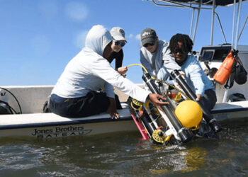 A Reefgen robot being deployed by boat near Morehead City, N.C, in 2024. (Photo courtesy of Reefgen)