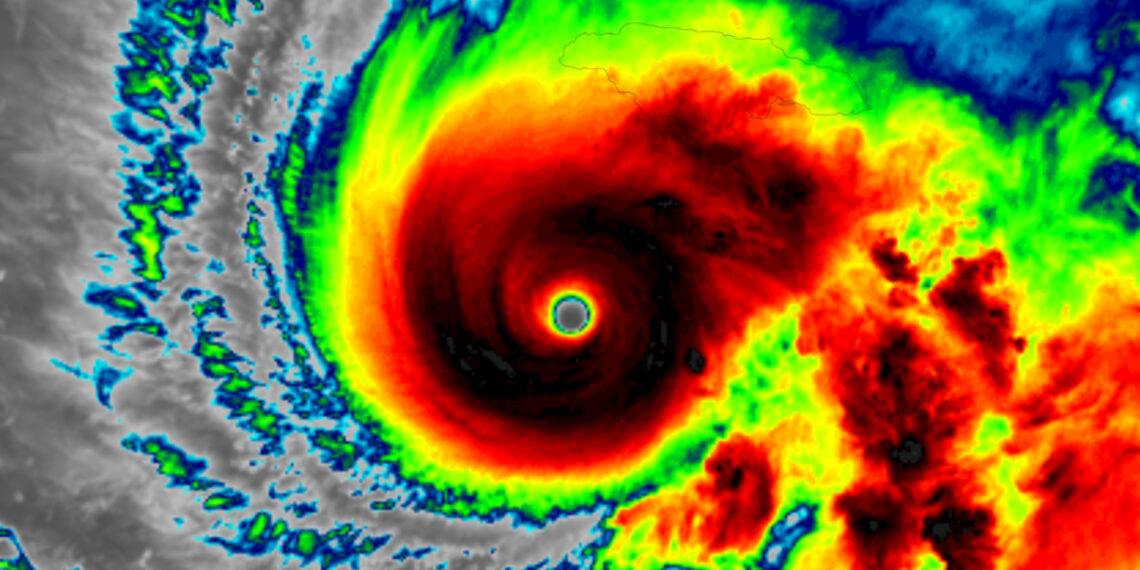 Infrared imagery of Hurricane Melissa churning toward Jamaica (GOES imagery: CSU/CIRA & NOAA, Public domain, via Wikimedia Commons)