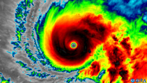 Infrared imagery of Hurricane Melissa churning toward Jamaica (GOES imagery: CSU/CIRA & NOAA, Public domain, via Wikimedia Commons)