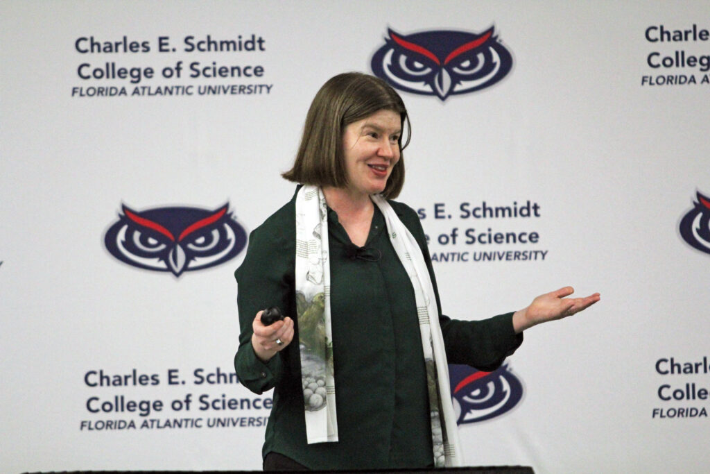Photographer Gabby Salazar speaks at Florida Atlantic University on Thursday, Nov. 13 as part of the Nat and Dorothy Hyman Science Lecture Series. (Photo by Zachary Greathouse/FAU Charles E. Schmidt College of Science)