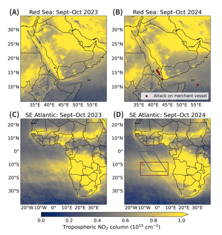 Maps showing the values of nitrogen dioxide (NO2) observed in the troposphere, the lowest layer of Earth’s atmosphere, in the Red Sea and the southeast Atlantic Ocean before and after disruptions to international shipping. Red markers in Map B represent locations of attacks on merchant ships during September–October 2024. Boxes in Map D show where researchers measured nitrogen dioxide and cloud droplet concentration to study how changes to shipping fuels affected cloud formation. (FSU)