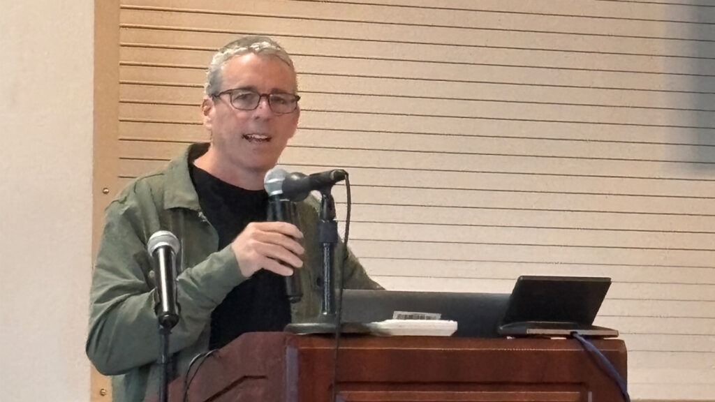 Michael Grunwald, author of "We Are Eating the Earth," Alachua County Climate Summit in Newberry on Nov. 15. (Nathan Crabbe photo)