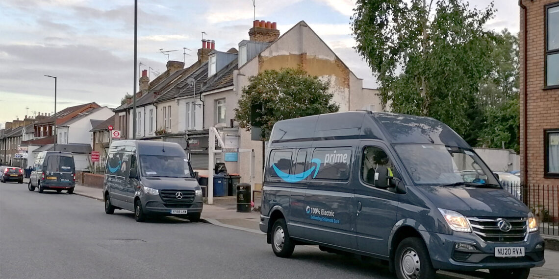 Amazon electric delivery vans in the London area (Philafrenzy, CC BY-SA 4.0, via Wikimedia Commons)