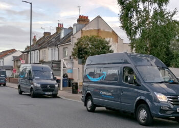 Amazon electric delivery vans in the London area (Philafrenzy, CC BY-SA 4.0, via Wikimedia Commons)
