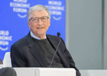 Bill Gates takes part in a panel at the World Economic Forum in Davos, Switzerland, in January 2024. (Republic of Colombia, Public domain, via Wikimedia Commons)
