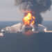 Fire boat response crews battle the blazing remnants of the offshore oil rig Deepwater Horizon on April 21, 2010. (US Coast Guard, Public domain, via Wikimedia Commons)